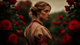 back to the camera a dark blonde young woman in old hungarian pale brown villager cloths and headscarf stands in front of the nice red rose bush, und dark red running roses around, high detalied, sharp focus, high realistic, perfect photo