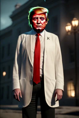 Ultra realistic image night, Donald trump zombie, suit, blood, torn arm, night, the walking dead style, dark ambient, highly detailed, White House background, concept art, unreal engine 5, ray tracing, RTX, ultra detail, volumetric lighting, high definition, high resolution.