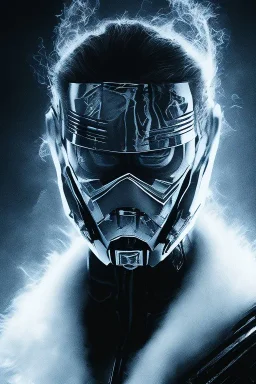 All Black Hayden Christensen soldier, ghost, wearing high tech mask, white smoke, dark, rage, sorrow, high definition, ultra 8 k, volumetric lighting, blue fire, fog