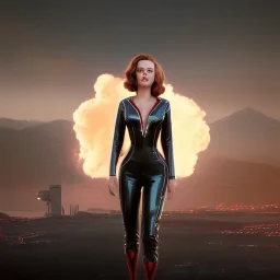 retro sci-fi portrait image from 1960, supermarket parking explosion, fire, classic black widow, young Scarlett Johansson, classic black tight lycra latex suit, retro superhero style, soft color, highly detailed, unreal engine 5, ray tracing, RTX, lumen lighting, ultra detail, volumetric lighting, 3d, finely drawn, high definition, high resolution.