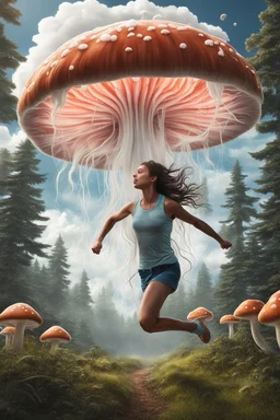 photorealistic girl running from a mushroom with jellyfish tentacles with tall narrow cloud trees in the background