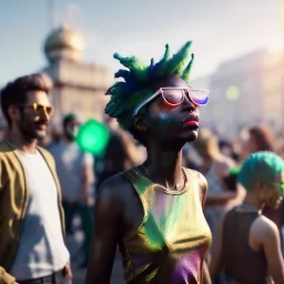 Ultra Realistic photo, medium shot view, drunken dancer women, carnival scene, monster hair, steampunk. Green hair, confeti, Sunglasses, smoking, happy, festival, red fog. highly detailed, concept art, unreal engine 5, ray tracing, RTX, lumen lighting, ultra detail, volumetric lighting, 3d, finely drawn, high definition, high resolution.