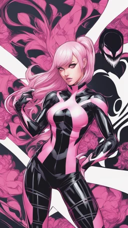 A close picture to Mix between gwenpool and symbiote, symbiote venom in background, pink and black custom, intricate details, highly detailedin in solo leveling shadow art style