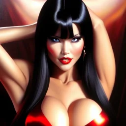 Ultra detailed fullbody Portrait in oil on canvas of beautiful busty Vampirella ,extremely detailed digital painting, extremely detailed face, crystal clear eyes, mystical colors ,perfectly centered image, perfect composition, rim light, beautiful lighting,masterpiece ,8k, stunning scene, raytracing, anatomically correct, in the style of Steve Jung and robert e howard and Wizyakuza and Ohrai Noriyoshi and Simon Bisley and uncannyknack.