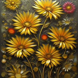 Beautiful alcohol ink flowers with brass metal edging, multidimensional in 3D, impasto, multimedia style, 16k yellow and red daisies.