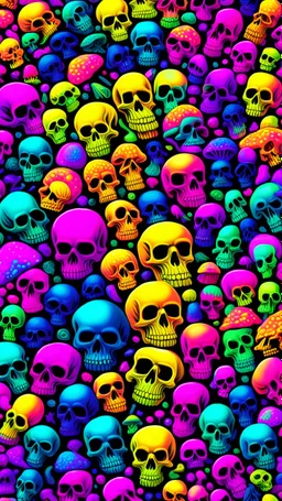 a field of 1000s of psychedelic psilocybin induced anatomically correct, skulls, vivid RANDOM BRIGHT neon colors, dark comedy, well lit, high detail, photorealistic, horrorcore, fun, scary, none featured, each a different color or hue,