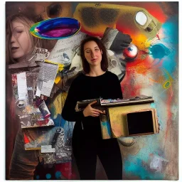 happy beautiful girl holding big proffesional camera in studio. street art, oil on canvas, spray paint, collage, letters, newspapeers, Dave McKean, Vladimir Fedotko, Saturno Butto, Vaughn Bodé, Frank Wu, James C. Christensen, collage, dirty, paint dripping, radiant