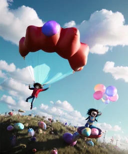 Ultra realistic speed clouds sky scene, wide angle, sweet childs falling down, inflatable color clothing, free jumping flying, many trinkets, monster hair, hair monster, many jelly beans, balls, smile, happy, circus style, extreme, wind, clouds sea, 20,000 feet altitude, stratosphere, soft color, highly detailed, unreal engine 5, ray tracing, RTX, lumen lighting, ultra detail, volumetric lighting, 3d, finely drawn, high definition, high resolution.