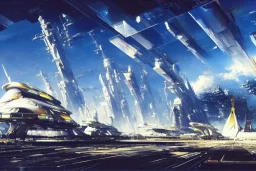 Spaceship starting from a Spaceport on a heavy industrialized planet, art by John Berkey, buildings with glass facades, insanely detailed, vibrant, 8k uhd, ultra-wide angle, street level view, brush strokes, blue sky with clouds