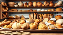 A plan for a bakery shop with a kitchen full of fancy breads, including baguette, roast, sandwich, shirmal, dumpling, toast, toast, bagel, banana, bread steak, brioche, brown, ciabatta, corn, pita, pretzel, pumpernickel, rye , sour dough, tortilla, white, and whole wheat and wheat ears and sesame seeds in the picture in the color theme Tusi