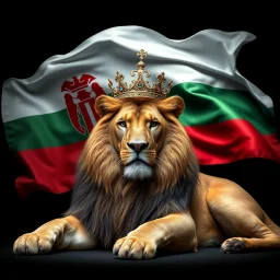 Create A hyper-realistic highly detailed, image of a majestic lion lying down, wearing a royal crown. The lion's fur should be rich and textured, with a regal and powerful presence. Behind the lion, the big flag of the Republic of Bulgaria(white, green,red) waves gracefully, its white, green, and red colors vivid and well-defined. The background should be an elegant, deep black, creating a striking contrast that enhances the grandeur of the lion and the flag. The lighting should be drama