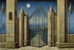 an open gothic gate in a blue-tiled wall with a view of an old city by artist "Rene Magritte",by artist "Leonora Carrington"