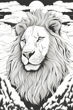 a lion. centered flat minimalistic black and white high contrast line drawing, coloring book style, {prompt}, (white sky, white clouds, white hair, white objects, white clothing, white fur, white skin, white terrain, white scales, white everything:1.1), blank white background