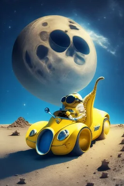 a banana driving a bugatti on the moon while wearing sunglasses