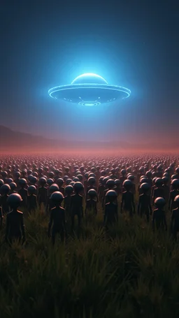 A field of thousands aliens at the end of the picture a blue dark ufo object , cinematic, 8k