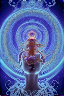 Spiritual being with Tentacles over human Head creating reality around, wrapping Spiral around Human, Psychedelic