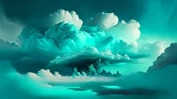 Phantasy landscape with dramatic cloud in aqua color