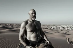 man looking like "Walter White" in breaking bad tv show, bald and goatee, with bare chest riding on a camel in sahara in desert, panorama, black and white photo, staring at a small town in horizon