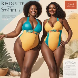 le redoute catalogue de maillots de bain colorés échancrés qui couvrent les fesses: toutes tailles, deux femmes posent en souriant, enlacées. le detail des tailles et les descriptions sont écrites en arrière plan, deux belles et opulentes africaines