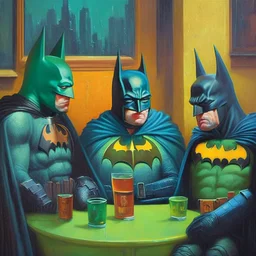 An oil painting of a dark universe masonic sad drunk batman convention, green batman, orange batman, cyan batman.