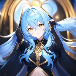 Clear focus, High resolution, Long light blue fluffy hair, hair between eyes, yellow eyes, wearing black fabric shorts, detailed outfit, blue and black outfit, gold accessory