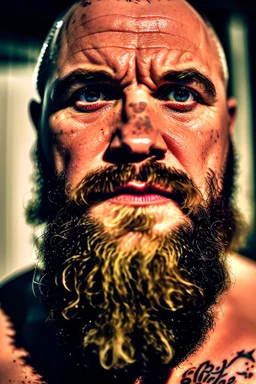 close up photography, dirty burly russian ugly strong chubby 56 years old man, bullneck, milk falling from above, splashing and dripping milk in the face, milk dripping on the beard, with dirty tank top, tattoo, serious eyes, manly chest, 35mm lens, natural light