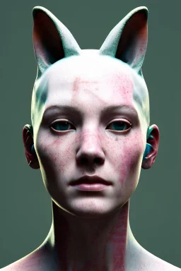 Medium Close Up Portrait, Front image. cyberpunk, rabbit mask, british woman, short hair. Latex suit army. white, pink, color. Sexy style. Color background, photo studio. Avatar image, highly detailed, concept art, smooth, unreal engine 5, ray tracing, RTX, lumen lighting, ultra detail, volumetric lighting, 3d, finely drawn, high definition, high resolution.