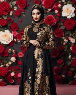 Luxury potrait of a beautiful super model hijab beauty makeup cosmetic,she wearing islamic a luxurious details pattern color gold and black casual jacket with designed large flower details that resemble roses.The dress has an asymmetrical design with one sleeve and a flowing skirt.background of the image shows a red carpet event with floral decorations,close-up portrait