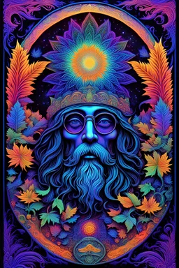 Chris Robinson, 3D embossed textured ethereal image; midnight hues, extreme colors, a hippie Chris Robinson; trippin', psychedelic, groovy, art nouveau; indica, sativa, leaves, gig poster art, macabre, eldritch, bizarre, extreme neon colors, mixed media, velvet, blacklight, uv