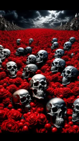 Bosch nightmares paining style Title:a field of human skulls all colored in black and white, on red rose standing in the middle , 8k artistic photography, photorealistic concept art, soft natural volumetric cinematic perfect light, chiaroscuro, award-winning photograph, masterpiece, oil on canvas, Raphael, Caravaggio, Greg Rutkowski, people, beksinski, Giger