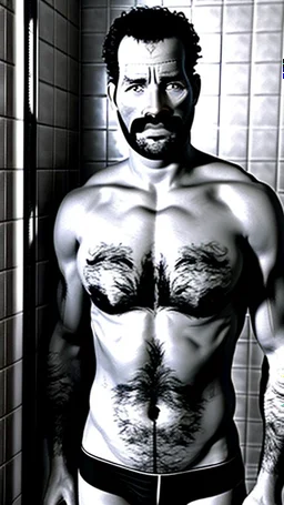 photo of stocky marocan with magnum moustache 40 years old under the shower, hairy chest, big tights, in a old bathroom, misery and poverty, photorealism, 35mm lens, ultra detailed