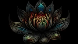 lotus flower, artwork using multicolored extra-fine tip gel pens, very thin lines, black background, luminescent, rich color, intricate, meticulous, precise, subdued, octane rendering, HDR+, digital art, fine contour, tracery, filigree, delicate, beautiful composition, excellent quality