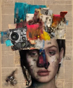 happy beautiful girl holding big proffesional camera in studio. street art, oil on canvas, spray paint, collage, letters, newspapeers, Dave McKean, Vladimir Fedotko, Saturno Butto, Vaughn Bodé, Frank Wu, James C. Christensen, collage, dirty, paint dripping, radiant