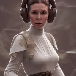 low angle beautiful half-body-portrait photo of princess leia from Star Wars played by Carrie Fisher, in the style of horizon zero dawn wlop, artgerm, akihiko yoshida, and liang xing, detailed face, doe eyes, intricate hair style, symmetrical eyes, trending on artstation, highly detailed, white dress, dynamic pose, intricate outfit, futuristic weapon, space ship and galaxy background