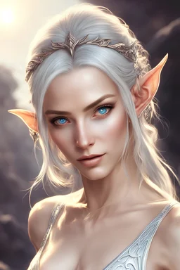 portrait of an elf woman, long white hair, blue eyes and a female armor, in a sunset