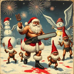 there is no kebabs at christmas, evil naked Santa, evil naked gnomes running around, staring flaming eyes, evil naked Rudolf, very big evil melting angry Frosty the snowman in background, 1940 christmas postcard, blood stains, Flying angels, Santa holding a chainsaw, fireworks,