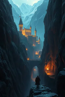 a medieval city at the end of a steep, narrow, 3.000 feet tall ravine. a man climbing the mountain with rob . fantasy concept art, dynamic lighting, hyperdetailed, intricately detailed, deep color, Unreal Engine, volumetric lighting, Epic cinematic brilliant stunning intricate meticulously detailed dramatic atmospheric maximalist digital matte paintin