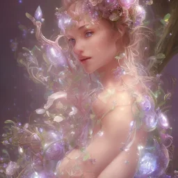 one big crystal subtle flower in a galactic ambiance with a beautiful fairy, transparent petals, delicate colors, in the foreground, full of details, smooth，soft light atmosphere, concept art, smooth, extremely sharp detail,