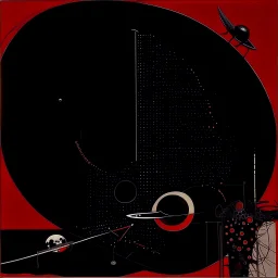 tragedy of the commons regressive overlapping timeline looping, abstract art vs sci-fi art, by Graham Sutherland and HR Giger, by Victor Pasmore and Joan Miro, mind-bending illustration; album cover art, asymmetric, Braille language glyphs, dark shines geometry, red and orange and black color scheme