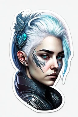 a sticker with a drawing of a woman's face, cyberpunk art inspired by Marco Mazzoni, Artstation, fantasy art, fantasy sticker illustration, intricate digital artwork, cyborg - girl with silver hair