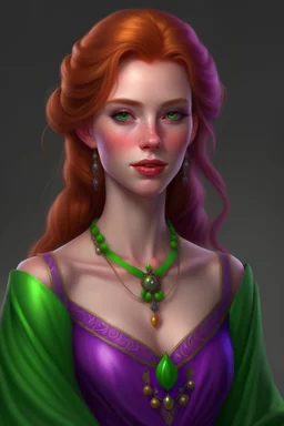 Realistic queen with ginger hair, green eyes and a purple dress