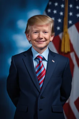 facial portrait - 10-year-old Donald Trump is posing for his school picture - wearing a three-piece suit - Sparkling, Sky blue Background, professional quality studio 8x10 UHD Digital photograph by Scott Kendall - multicolored spotlight, Photorealistic, realistic stock photo, Professional quality Photograph. colored Fog