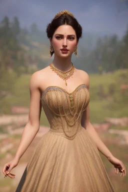 long shot beautiful and gorgerous duchess with incredible jewellery in 19th century clothing by Greg Rutkowski and Artgerm and Emile Vernon and Vladimir Volegov, in a brown dress, mystical castle background, art illustration, natural beauty, muted colors, pastels, perfect fingers, higly detailed, expressive, high detail, symmetrical, digital painting, symmetrical eyes, dynamic lighting, artstation, cinematic lighting, intricate artwork, emitting diodes, smoke, artillery, sparks, racks, system u