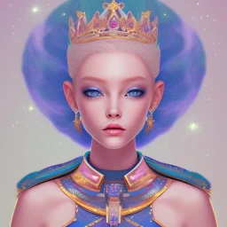 cosmic petit prince belle fine, profil de trois quart, grand front cosmique, peau bleu cristalline, yeux bleu, perle sur le front long cheveux blond et rose etoilé, cristaux sur le corps, collier de grande princesse, levres souriante, très jolie sourire