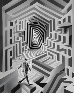 A surreal scene of a figure traversing an ever-shifting labyrinth filled with optical illusions and impossible geometries, in the style of op art, precise lines, dizzying patterns, and stark contrasts, inspired by the works of Bridget Riley and Victor Vasarely, challenging the viewer's perception and sense of reality.