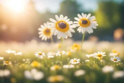 cute chibi smiling faced daisy flowers playing football in sunshine in sunshine, ethereal, cinematic postprocessing, bokeh, dof