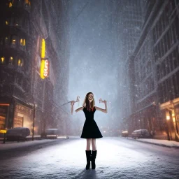 woman wearing a dress floating in the air, scared, downtown snowy new york at night, dramatic, dramatic lighting, volumetric lighting, hyperrealism, 8k, high quality, photorealistic, lot of details