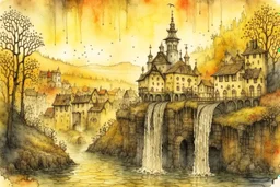 Szentendre, by Jean-Baptiste Monge, waterfall, reflection, sunrise, Misty morning smooth intricate high definition beautiful lighting pencil sketch watercolor polished warm light LNF double exposure S<AI watercolor and ink, intricate details, fantasy, beautiful, award winning, colorful, fantastic view, crisp quality, in sunshine