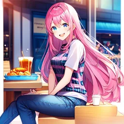 girl, masterpiece, best quality, cinematic lighting, detailed outfit, perfect eyes, long hair, pink hair, blue eyes, laughing, at restaurant, food, detailed background, wide view, god rays, sitting down, casual clothes,