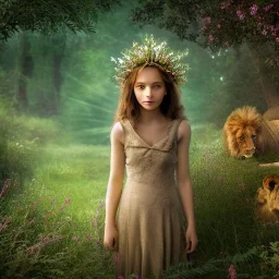 Young beautiful girl standing next to majestic, stunning lion on nature forest path, floral crown on girl, Chronicles of Narnia, 8k resolution, high-quality, fine-detail, iridescent, intricate, digital art, detailed matte, volumetric lighting, beautiful, illustration, 3D octane render, brian froud, howard lyon, selina french, anna dittmann, annie stokes, lisa parker, greg rutowski,